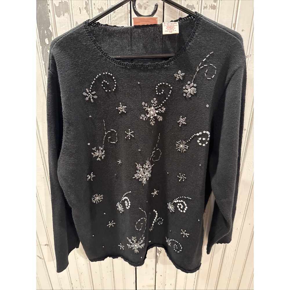 VTG Basic Editions Holiday Sweater Womens Sz XL Black Christmas Beaded Snowflake